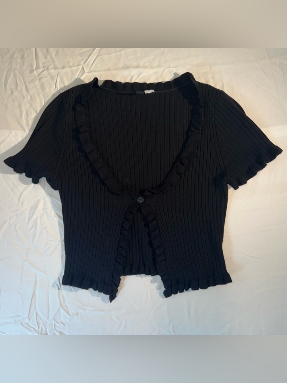 H&M Black Ribbed Short Sleeve Cardigan with Ruffle Trim